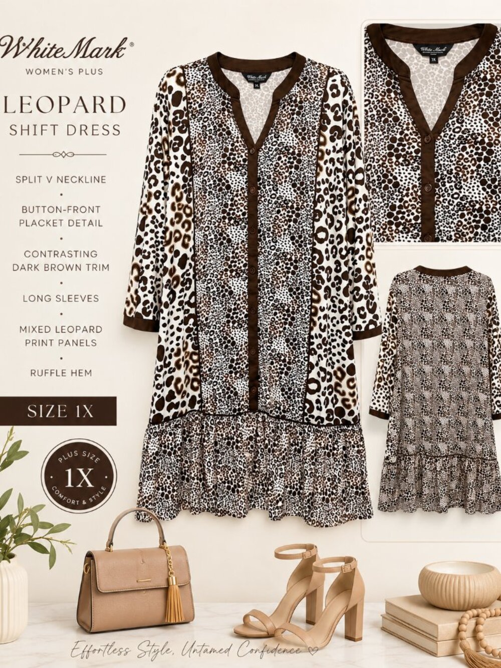 White Mark Plus Size Leopard Print Shift Midi Dress Ivory Brown Size 1X NWT